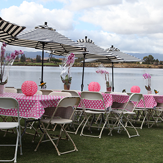 A bunch of picnic tables setup up for a birthday event.