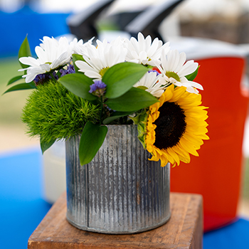 A bouquet of flowers on a table.