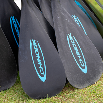 Black paddle board paddles stacked up